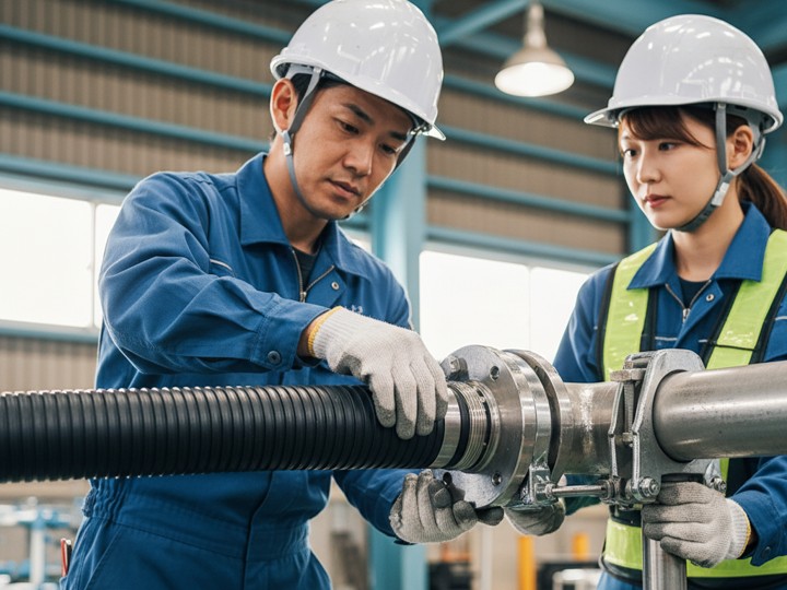 金属パイプ端末とゴムホース接続